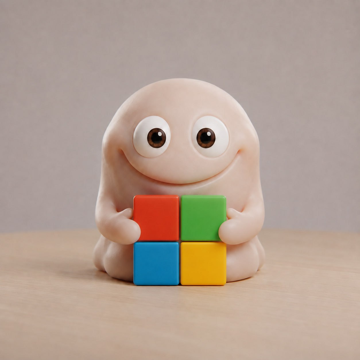 Micro, a small pale blob with large eyes, holding four coloured squares